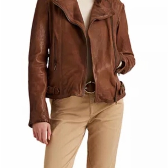 Lauren Ralph Lauren Burnished Leather Moto Bomber Jacket Dark Walnut